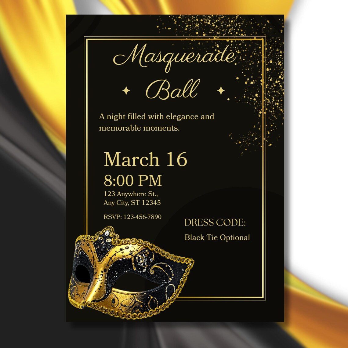 Masquerade Ball Invitation Template, Elegant Black Tie Event Invitation