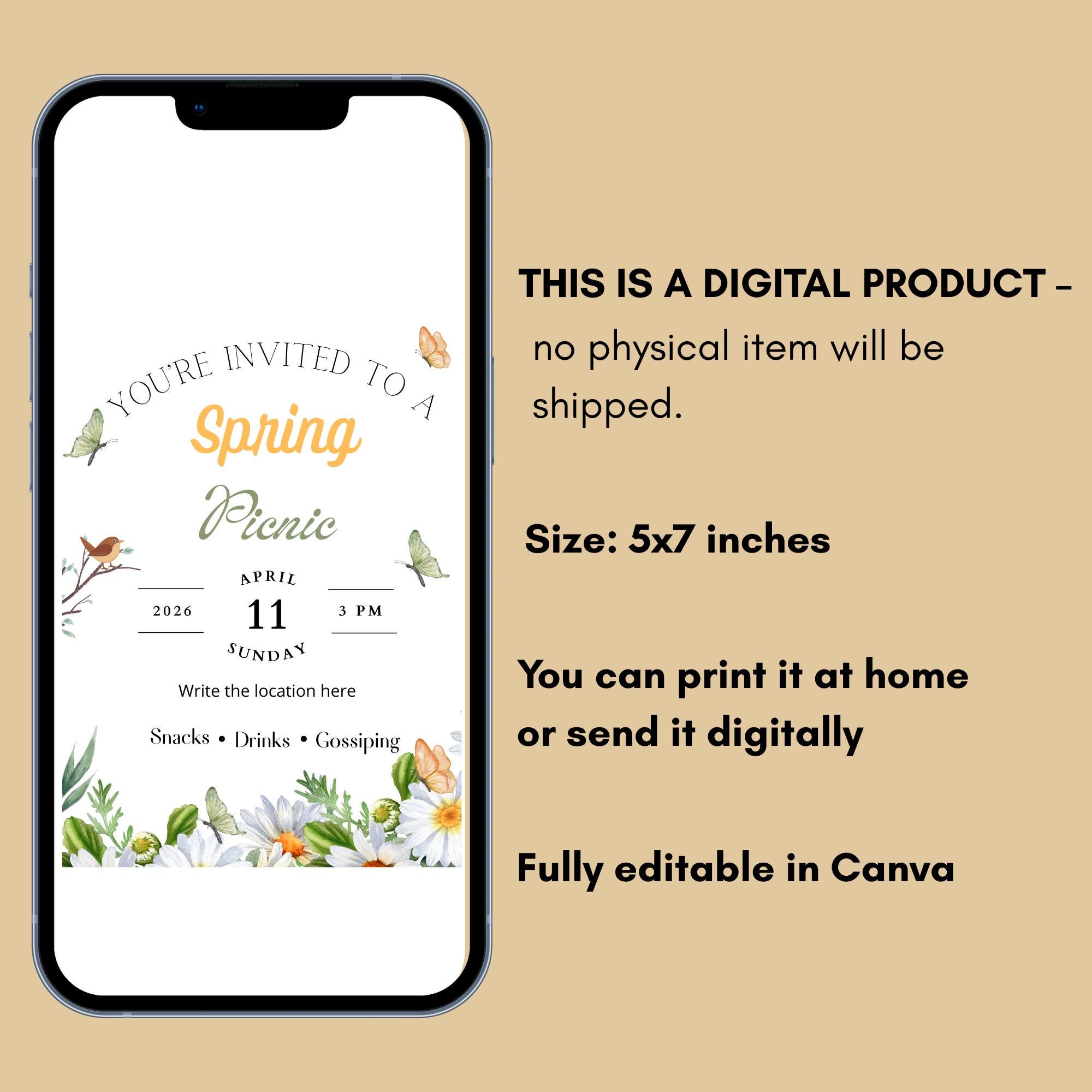 Spring Picnic Invitation Spring Picnic Invitation Template, Editable Canva Invitation, Digital ...