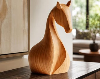 Scultura minimalista di cavallo in legno, ideale per decorare mensole moderne e come regalo per gli amanti dei cavalli.
