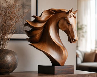 Scultura in legno a forma di testa di cavallo, ideale per arredare un ufficio moderno e come regalo per gli amanti dei cavalli.