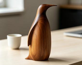 Statuetta minimalista di pinguino in legno, ideale per arredare una scrivania moderna e come regalo per gli amanti degli uccelli.