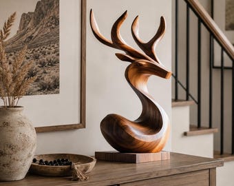 Modern Wooden Stag Sculpture for Minimalist Office Decor and Mens Gift