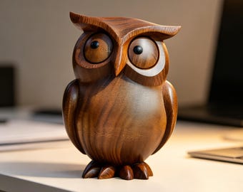 Statuetta di gufo in legno realizzata a mano, ideale per decorare la scrivania dell'ufficio e come regalo per gli amanti degli uccelli.