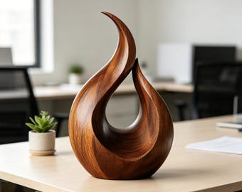 Scultura astratta a forma di fiamma in legno, moderna decorazione da scrivania per professionisti in ufficio e arredamento minimalista per la casa.