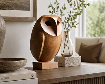 Scultura di gufo in legno intagliata a mano per un arredamento moderno e minimalista su mensole.