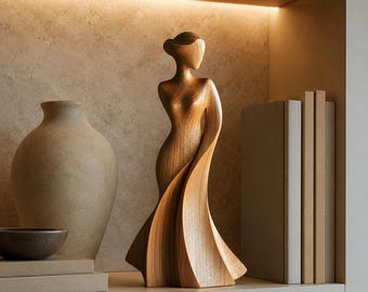 Statuetta astratta in legno raffigurante una donna, ideale per l'arredamento moderno e come regalo di anniversario.