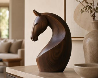 Scultura minimalista di cavallo in legno, regalo equestre moderno per la scrivania dell'ufficio.