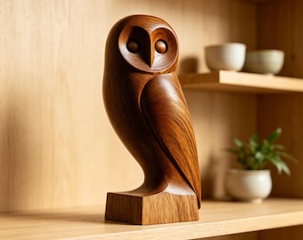 Statuetta di gufo in legno in stile Mid-Century Modern, decorazione minimalista per la casa, regalo per gli amanti degli uccelli.
