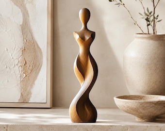 Scultura astratta in legno raffigurante una donna, minimalista, decorazione per mensola, arte moderna, regalo per lei.
