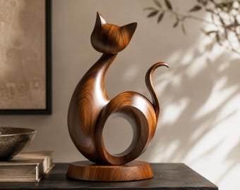 Scultura astratta di gatto in legno, decorazione moderna per la casa, regalo per gli amanti dei felini, complemento d'arredo per libreria.