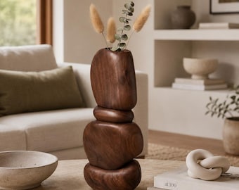 Organisk staplad trävas för torkade blommor, zen-hylla, unik inflyttningspresent