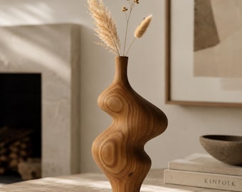 Vaso in legno scultoreo astratto per un arredamento minimalista del soggiorno, centrotavola in stile boho.