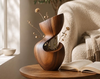 Vaso in legno a spirale, scultura astratta, decorazione per ingresso in stile metà secolo, ideale per fiori secchi.