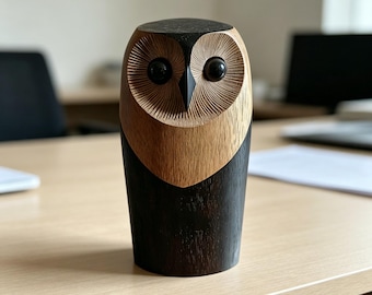 Statuetta di gufo in legno realizzata a mano, decorazione minimalista per la scrivania, regalo unico per gli amanti degli uccelli.