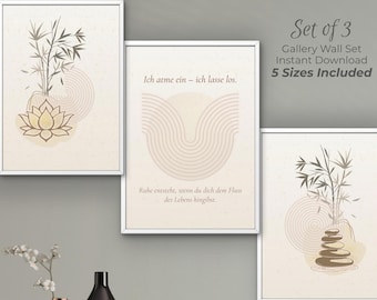 Juego de 3 pósteres zen, arte de pared con texto en alemán, piedras de bambú y loto, pósteres de meditación, tonos naturales beige.