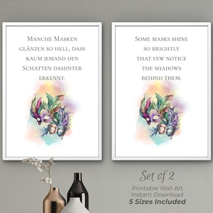 Shining Masks Hidden Shadows Poster Set, Emotional Wall Art, German English Printable, Healing Quote Prints