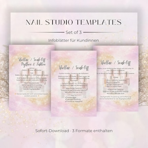 Peut inclure: Trois modèles de studio d'ongles roses et dorés avec le texte "NAIL STUDIO TEMPLATES" et "Set of 3". Les modèles comprennent des informations sur les traitements des ongles Shellac et Soak-Off. Le texte "Shellac / Soak-Off" est présent sur chaque modèle.