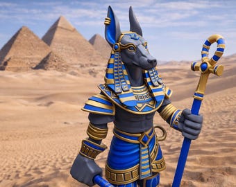 Anubis gelede 3D-print: beweegbaar Egyptisch bewakerstandbeeld met sikkel en staf - fantasiedecor