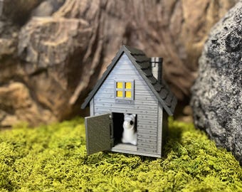 Mysterieuze jagershut met lama – 3D-geprint miniatuur fantasiehuisdiorama | Cadeau bureaudecoratie