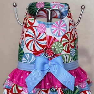 May include: A colorful dog harness featuring a candy cane pattern in red, white, green, and blue. The harness has a light blue bow and a pink ruffled skirt. The harness is displayed on a silver hanger.