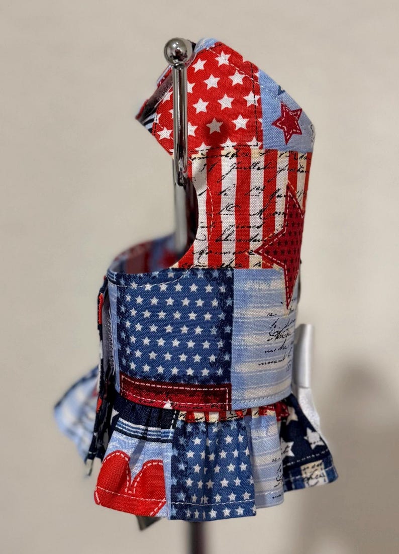 Patriotic Patchwork Dog Ruffle Harness Red, White Blue American Pup