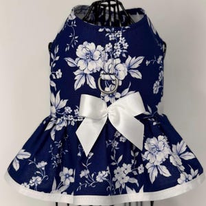 Navy Floral Dog Harness Dress | Classic Blue White Small Dog Outfit | Tiny Tails & Ruffles