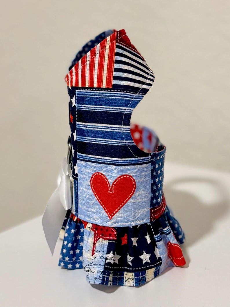 Patriotic Patchwork Dog Ruffle Harness Red, White Blue American Pup