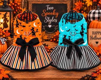 May include: Two pet dresses featuring Halloween motifs. One is orange with black witch and cat silhouettes, the other is teal with similar patterns. Both have a black bow at the waist and a skirt with vertical stripes in black, white, and orange.