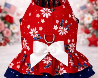Floral Dog Harness Dress | Patriotic Red Outfit | Small Dog Boutique Style | Tiny Tails & Ruffles