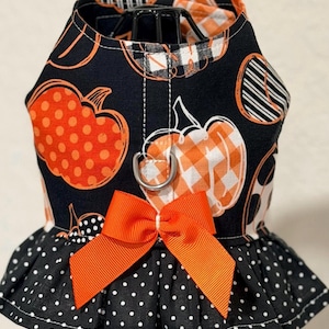 Halloween Pumpkin Dog Harness Dress | Fall Outfit | Polka Dot Bow | Tiny Tails & Ruffles