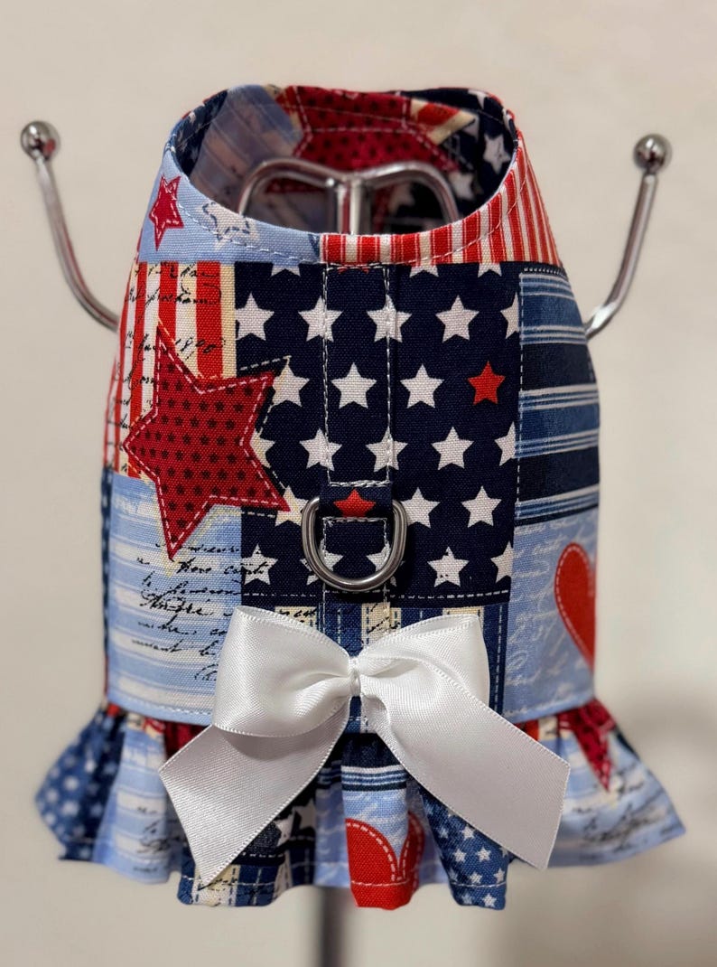 Patriotic Patchwork Dog Ruffle Harness Red, White Blue American Pup