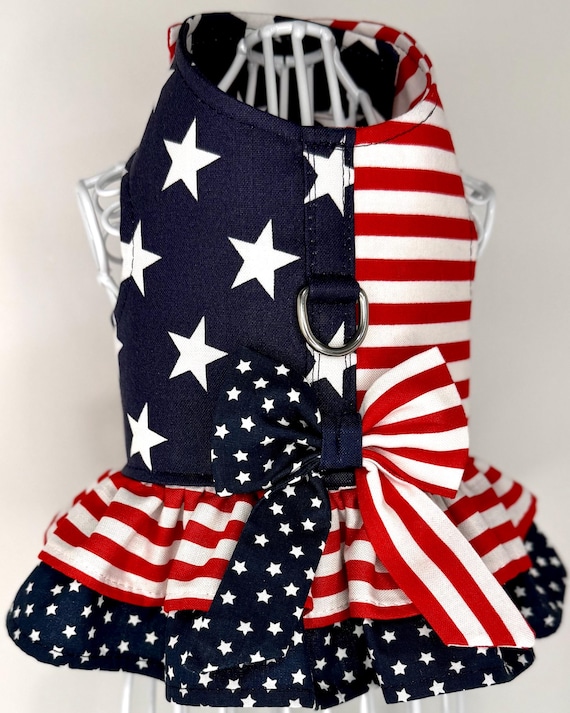 Patriotic Dog Harness Dress | Stars Stripes Ruffle (Optional Bow) | America 250 | Tiny Tails & Ruffles