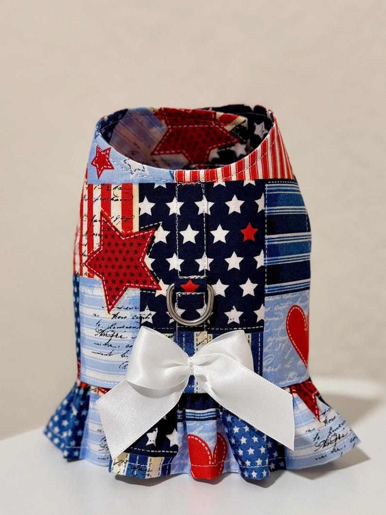 Patriotic Patchwork Dog Ruffle Harness Red, White Blue American Pup