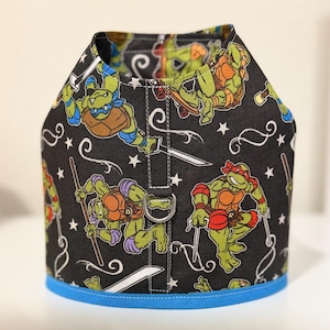 May include: Black pet harness featuring a repeating pattern of the Teenage Mutant Ninja Turtles in action poses. The harness has a blue trim along the bottom edge, a metal D-ring, and white stitching. The background is black with white stars and swirls.