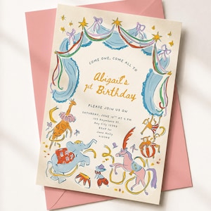 May include: A rectangular invitation card featuring a circus-themed illustration with a blue tent arch, a giraffe, an elephant, a horse, and monkeys. The text reads: Come one, come all to Abigail's 1st Birthday, Saturday, June 15th at 3 PM, 123 Anywhere St., Any City 12345, RSVP to: Jane Holly +12345.