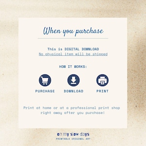 May include: A digital download graphic with text that reads "When you purchase." It explains the process: purchase, download, and print. The text also states that no physical item will be shipped. The bottom of the graphic says "on my slow days PRINTABLE ORIGINAL ART."
