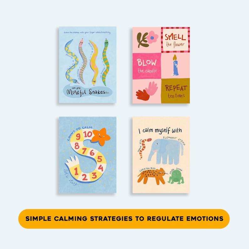 May include: Four illustrated cards with calming strategies. One card shows colourful snakes, another has a candle and flower, a third has a counting game, and the last features animals. The text reads "Simple Calming Strategies to Regulate Emotions."