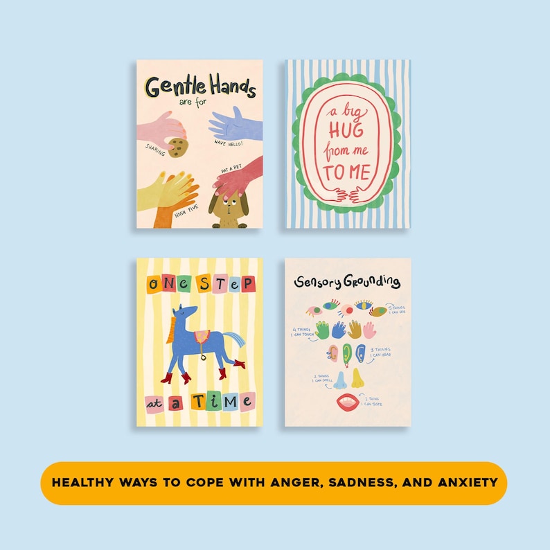 May include: Four illustrated cards with text and images. The cards feature phrases like "Gentle Hands," "a big HUG from me TO ME," "ONE STEP at a TIME," and "Sensory Grounding." A yellow banner at the bottom reads "HEALTHY WAYS TO COPE WITH ANGER, SADNESS, AND ANXIETY."