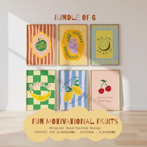 May include: Six framed art prints with fruit-themed illustrations and motivational quotes. The prints showcase apples, grapes, kiwi, bananas, lemons, and cherries, set against vibrant backgrounds with fun typography. The words "BUNDLE OF 6" are displayed at the top of the image.