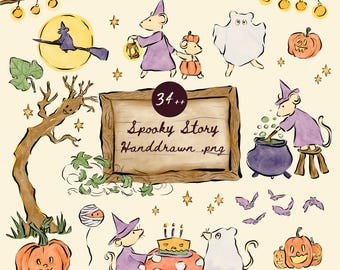 May include: A collection of watercolor-style Halloween illustrations featuring mice in purple wizard hats and robes, a ghost, jack-o'-lanterns, a witch on a broomstick, a cauldron, bats, and a wooden sign with the text 34++ Spooky Story Handdrawn .png.