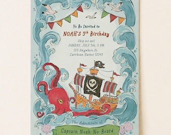 May include: A rectangular birthday invitation card featuring a pirate theme with a red octopus, a pirate ship with a skull and crossbones flag, and blue ocean waves. The text reads: Ye Be Invited to NOAH'S 5th BIRTHDAY, Ship set sail SUNDAY, JULY 5th, 2 PM, 123 Anywhere St. Carribean Harbor 12345, The Adventure of Captain Noah-No-Beard.