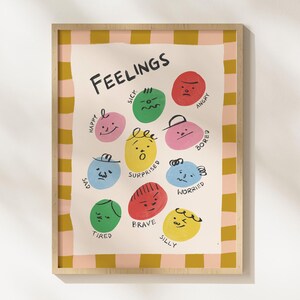 May include: A framed art print displaying the word "Feelings". The print shows cartoon faces in various colours, each representing an emotion such as happy, sad, or angry. The background has a pink and gold checkered pattern.