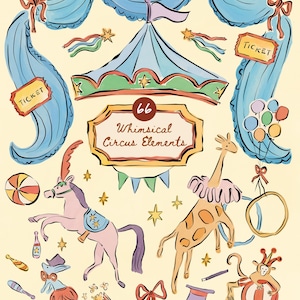 66 handritade transparenta PNG cirkus clipart-paket sagobok cirkusdjur, vintage karnevalselement akvarell clipart barnfestdekor