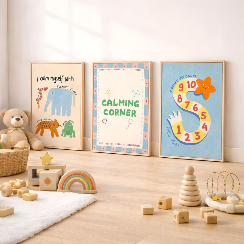May include: Three framed art prints with a calming theme. One print says "I calm myself with" and features an elephant, snake, cheetah, and frog. Another says "Calming Corner." The third print says "Count to Calm" with a star and numbers.