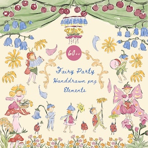 Könnte beinhalten: Ein digitales Illustrationsset mit handgezeichneten Feenparty-Elementen, darunter kleine Figuren mit Flügeln, blaue Glockenblumen, gelbe Gänseblümchen, Marienkäfer, Pilze und eine hängende Blumendekoration, mit dem Text 60++ Fairy Party Handdrawn png Elements.