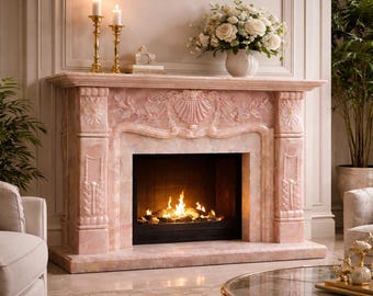 Hand carved pink onyx fireplace mantel
