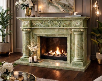 Hand carved green onyx fireplace mantel