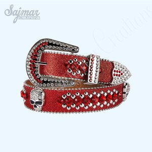 Rhinestone Skull Cross Bone Buckle Red Leather Belt Size XL 42-44 Punk Goth Rock Rhinestone Skull Cross Bone Buckle Red Leather Belt Size XL  main image 4