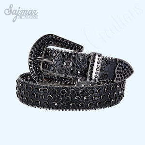 Vintage grunge Black 100% leather belt with rhinestone‎ buckle size XL Nocona 2000s Grunge Black Silver Genuine Leather Chunky  main image 4