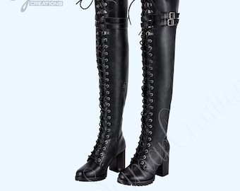 Lace-up Knee- High Black Leather Boots: Women Chunky Heel Gothic Combat Style
